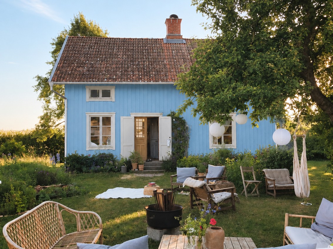 Ljusblått trähus med trädgård i kvällsljus